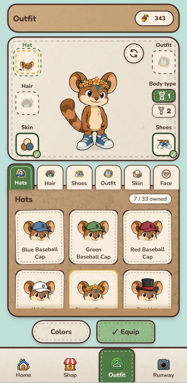 The Outfit screen: GliderMon trying on a flower crown, with hats, hair, shoes, outfits, skin and face tabs below.