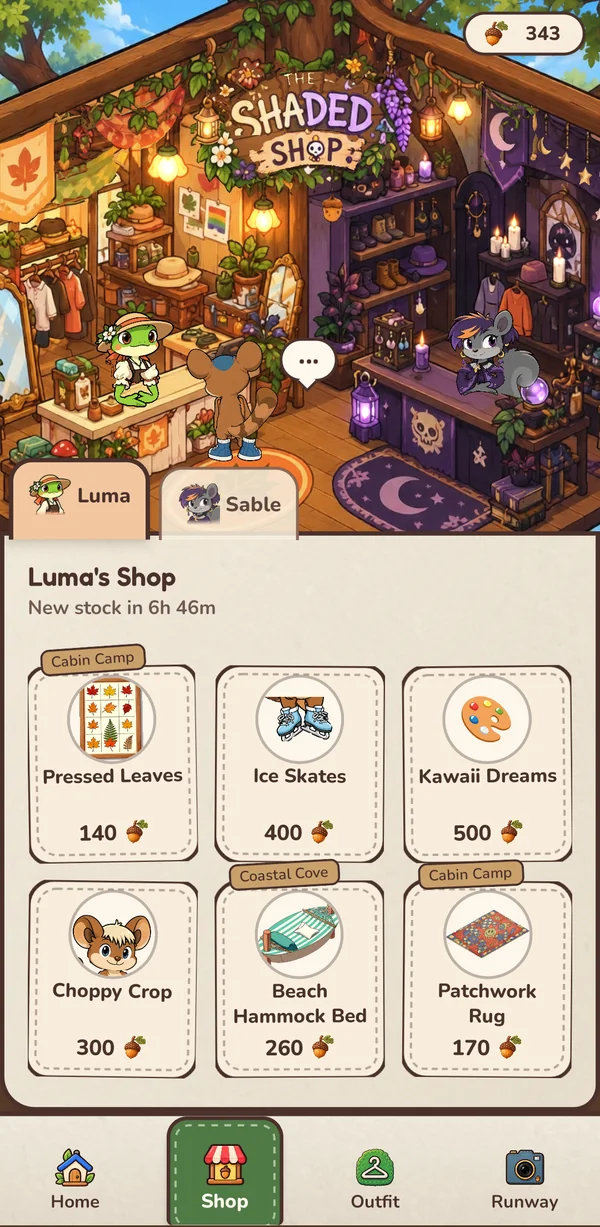 The Shaded Shop: Luma's sunny counter and Sable's gloomy one, with GliderMon browsing between them.